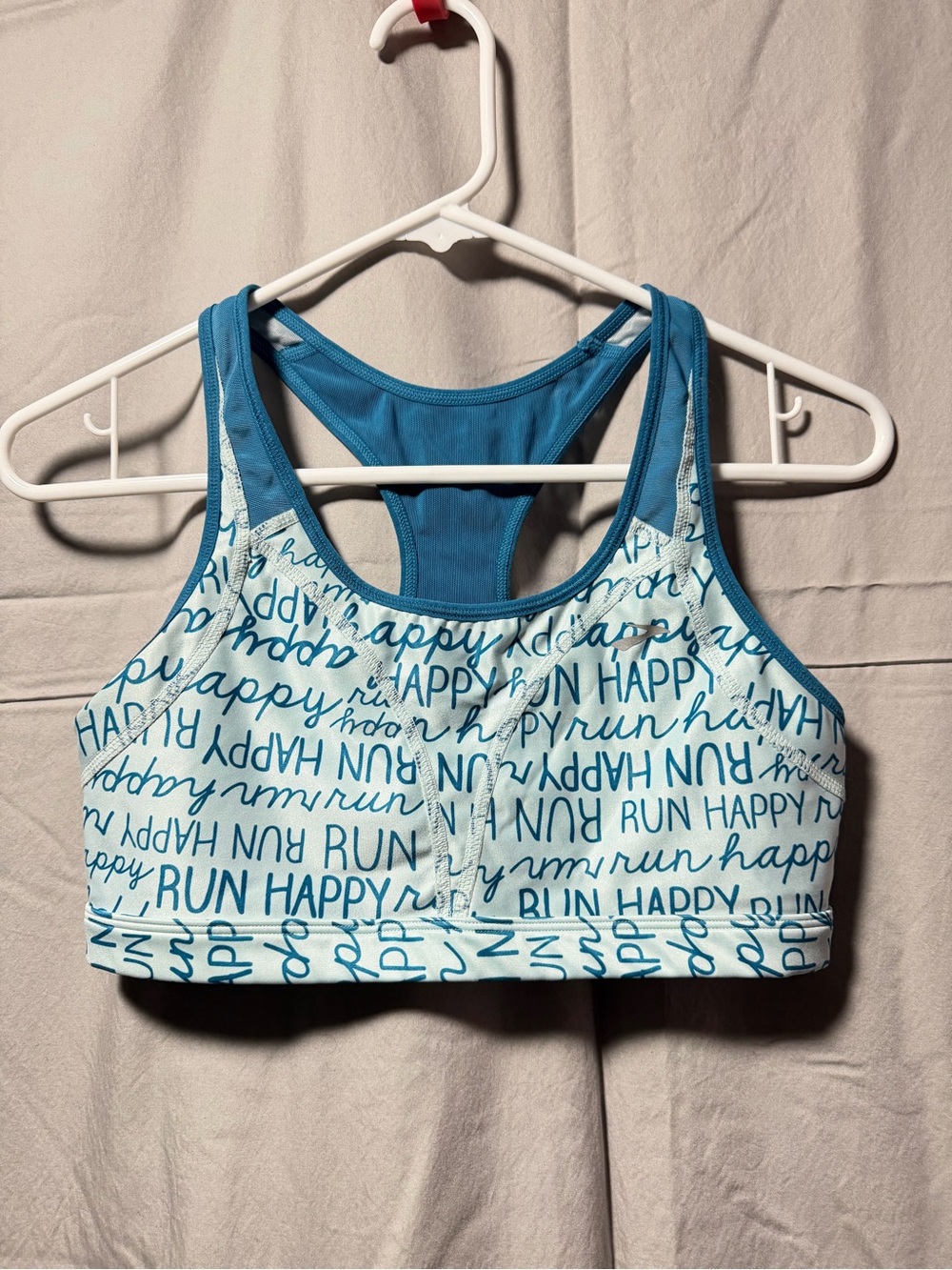 Brooks Blue and White Script-Print Sports Bra